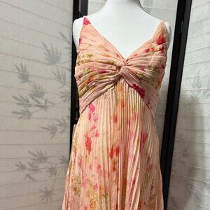 Floral Maxi Dress 4 Pink Red Twisted Bust Pleated Lace Up Back Wedding Formal